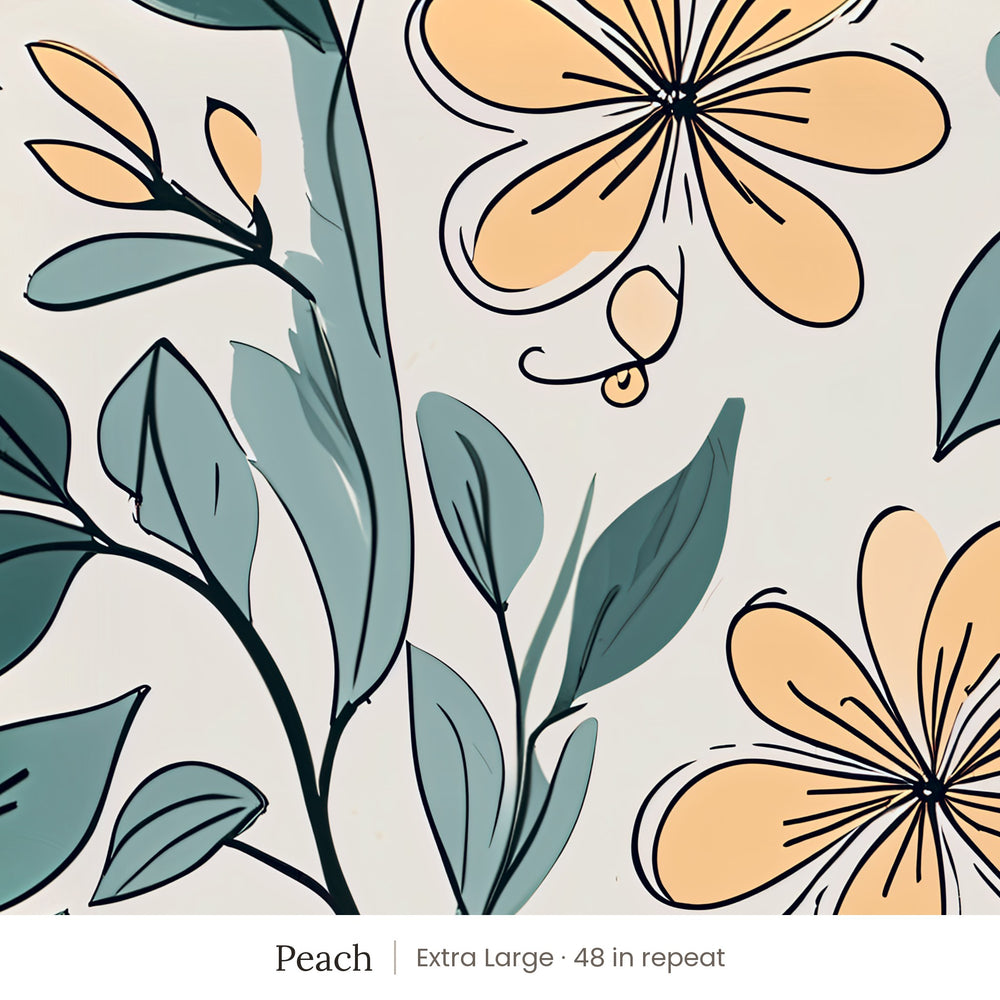 Marlow Peach peel and stick wallpaper, extra large 48 in repeat, in a bathroom with a clawfoot tub and hanging towels