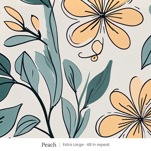 Marlow wallpaper in Peach, extra large 48 in repeat, peach flowers and teal leaves on pale grey