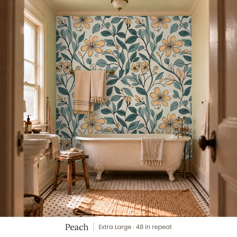 Marlow Peach peel and stick wallpaper, extra large 48 in repeat, in a bathroom with a clawfoot tub and hanging towels