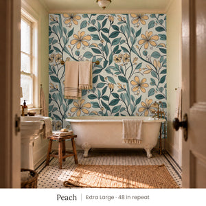 Marlow Peach peel and stick wallpaper, extra large 48 in repeat, in a bathroom with a clawfoot tub and hanging towels