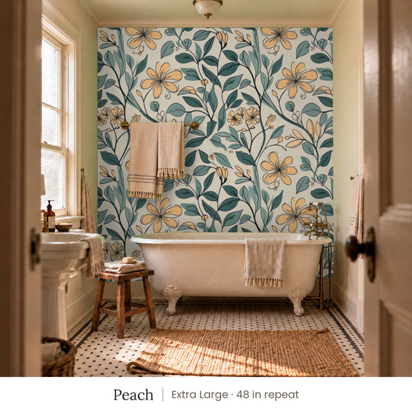 Marlow Peach peel and stick wallpaper, extra large 48 in repeat, in a bathroom with a clawfoot tub and hanging towels