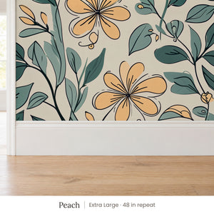 Marlow Peach peel and stick wallpaper, extra large 48 in repeat, above a white baseboard and oak floor