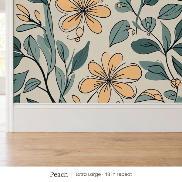 Marlow Peach peel and stick wallpaper, extra large 48 in repeat, above a white baseboard and oak floor