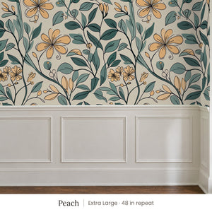 Marlow Peach peel and stick wallpaper, extra large 48 in repeat, above white panel wainscoting