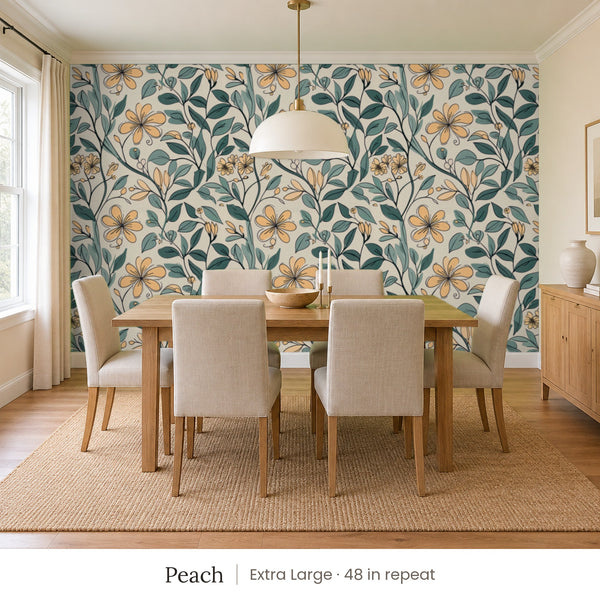 Marlow Peach peel and stick wallpaper, extra large 48 in repeat, in a dining room with an oak table and a white pendant