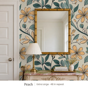 Marlow Peach peel and stick wallpaper, extra large 48 in repeat, in an entry with a gold mirror and a carved console