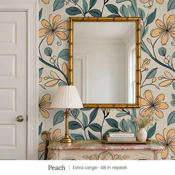Marlow Peach peel and stick wallpaper, extra large 48 in repeat, in an entry with a gold mirror and a carved console
