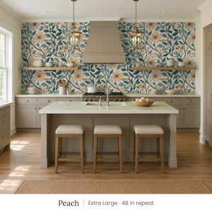 Marlow Peach peel and stick wallpaper, extra large 48 in repeat, in a kitchen with an island and three stools