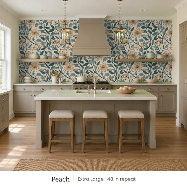 Marlow Peach peel and stick wallpaper, extra large 48 in repeat, in a kitchen with an island and three stools
