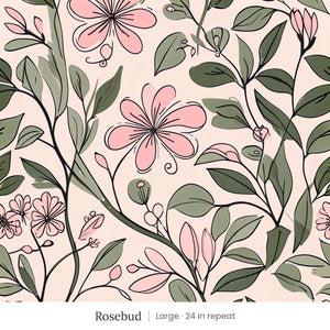 Marlow wallpaper in Rosebud, large 24 in repeat, pink flowers and sage leaves on blush