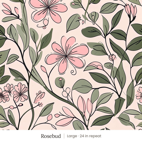 Marlow wallpaper in Rosebud, large 24 in repeat, pink flowers and sage leaves on blush