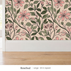 Marlow Rosebud peel and stick wallpaper, large 24 in repeat, above a white baseboard and oak floor