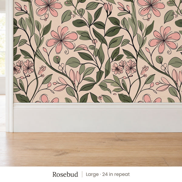 Marlow Rosebud peel and stick wallpaper, large 24 in repeat, above a white baseboard and oak floor