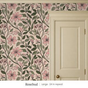 Marlow Rosebud peel and stick wallpaper, large 24 in repeat, beside a cream panel door