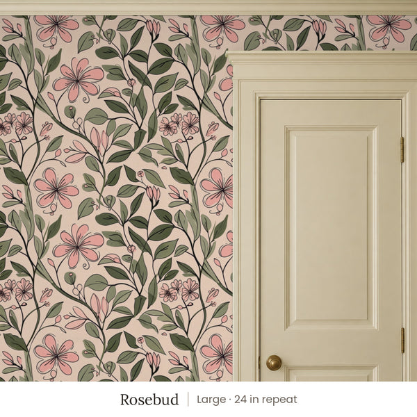 Marlow Rosebud peel and stick wallpaper, large 24 in repeat, beside a cream panel door