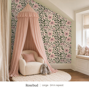 Marlow Rosebud peel and stick wallpaper, large 24 in repeat, in a girl's nook with a pink canopy and a window seat