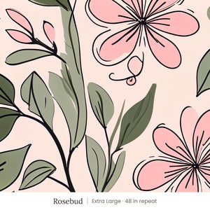 Marlow wallpaper in Rosebud, extra large 48 in repeat, pink flowers and sage leaves on blush