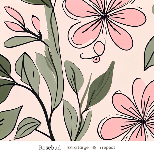 Marlow wallpaper in Rosebud, extra large 48 in repeat, pink flowers and sage leaves on blush