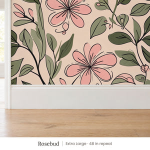 Marlow Rosebud peel and stick wallpaper, extra large 48 in repeat, above a white baseboard and oak floor