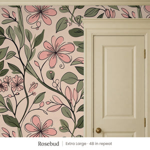 Marlow Rosebud peel and stick wallpaper, extra large 48 in repeat, beside a cream panel door
