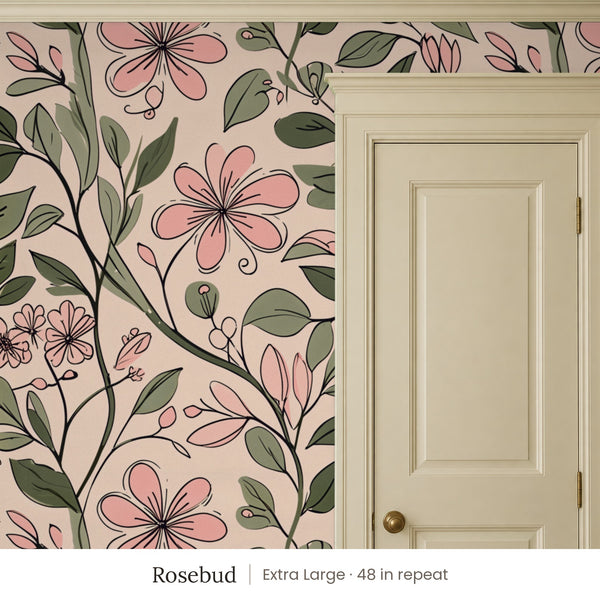 Marlow Rosebud peel and stick wallpaper, extra large 48 in repeat, beside a cream panel door