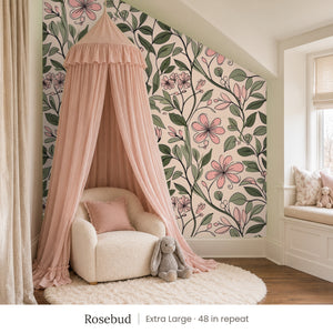 Marlow Rosebud peel and stick wallpaper, extra large 48 in repeat, in a girl's nook with a pink canopy and a window seat