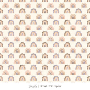 Over the Rainbow wallpaper in Blush, small 12 in repeat, muted blush, mauve and brown rainbows on cream