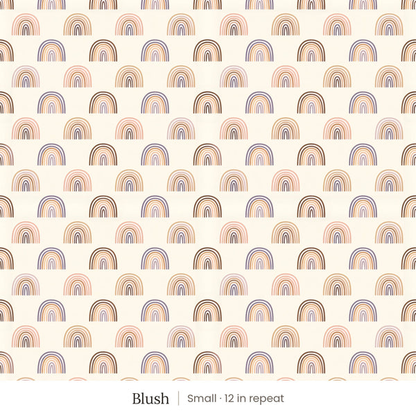 Over the Rainbow wallpaper in Blush, small 12 in repeat, muted blush, mauve and brown rainbows on cream