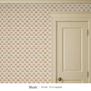 Over the Rainbow Blush peel and stick wallpaper, small 12 in repeat, beside a cream panel door