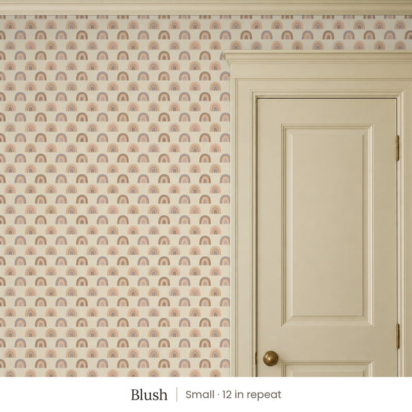 Over the Rainbow Blush peel and stick wallpaper, small 12 in repeat, beside a cream panel door