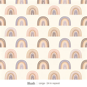 Over the Rainbow wallpaper in Blush, large 24 in repeat, muted blush, mauve and brown rainbows on cream