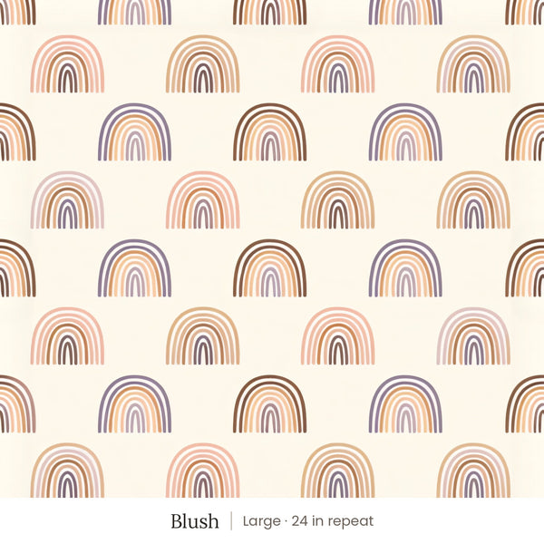 Over the Rainbow wallpaper in Blush, large 24 in repeat, muted blush, mauve and brown rainbows on cream
