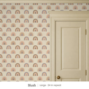 Over the Rainbow Blush peel and stick wallpaper, large 24 in repeat, beside a cream panel door