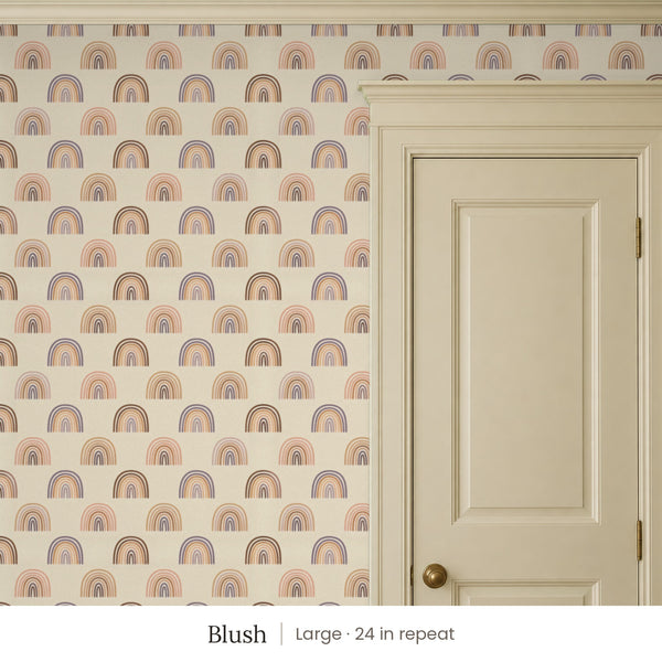 Over the Rainbow Blush peel and stick wallpaper, large 24 in repeat, beside a cream panel door