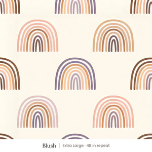Over the Rainbow wallpaper in Blush, extra large 48 in repeat, muted blush, mauve and brown rainbows on cream