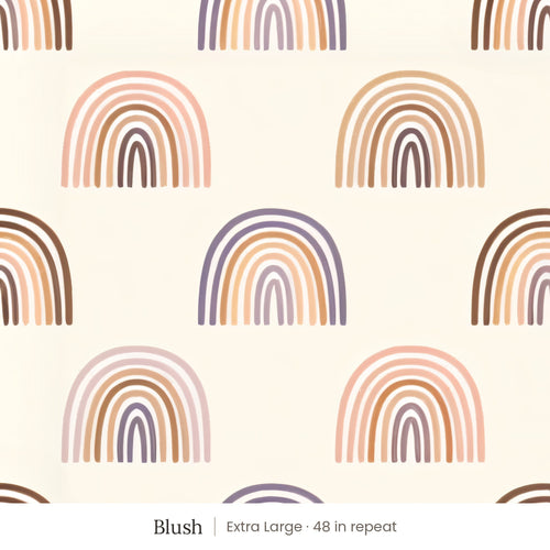 Over the Rainbow wallpaper in Blush, extra large 48 in repeat, muted blush, mauve and brown rainbows on cream