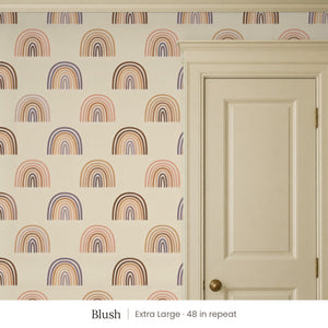 Over the Rainbow Blush peel and stick wallpaper, extra large 48 in repeat, beside a cream panel door