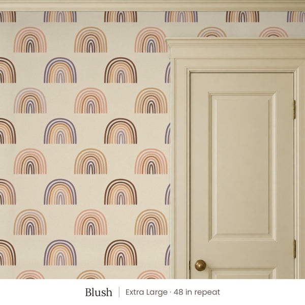 Over the Rainbow Blush peel and stick wallpaper, extra large 48 in repeat, beside a cream panel door