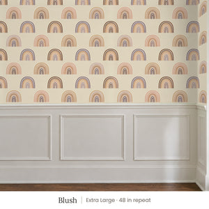 Over the Rainbow Blush peel and stick wallpaper, extra large 48 in repeat, above white panel wainscoting