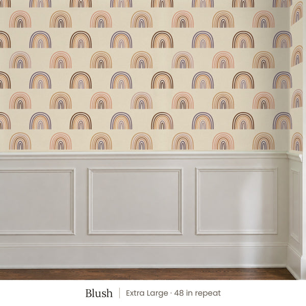 Over the Rainbow Blush peel and stick wallpaper, extra large 48 in repeat, above white panel wainscoting