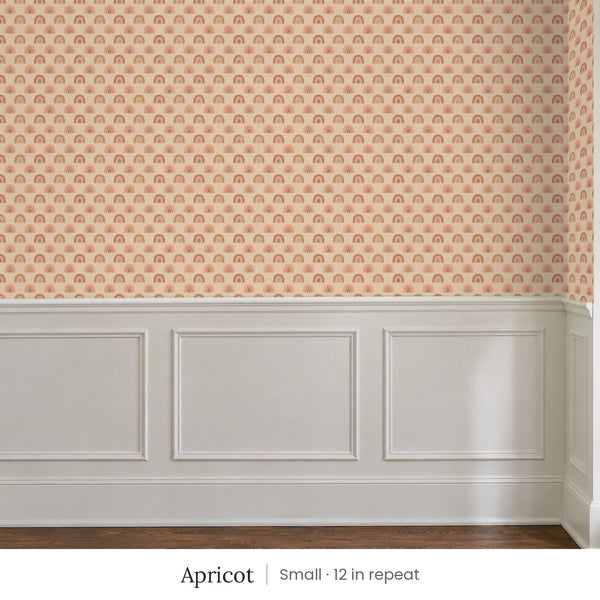 Over the Rainbow Apricot peel and stick wallpaper, small 12 in repeat, above white panel wainscoting