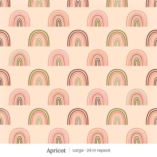 Over the Rainbow wallpaper in Apricot, large 24 in repeat, pink, coral and olive rainbows on peach