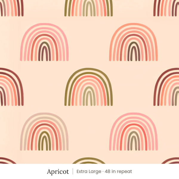 Over the Rainbow wallpaper in Apricot, extra large 48 in repeat, pink, coral and olive rainbows on peach