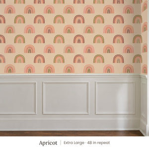 Over the Rainbow Apricot peel and stick wallpaper, extra large 48 in repeat, above white panel wainscoting