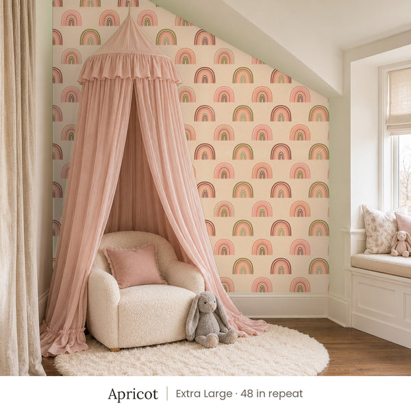 Over the Rainbow Apricot peel and stick wallpaper, extra large 48 in repeat, in a girl's nook with a pink canopy and a window seat