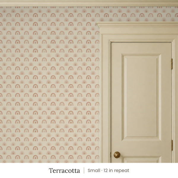 Over the Rainbow Terracotta peel and stick wallpaper, small 12 in repeat, beside a cream panel door