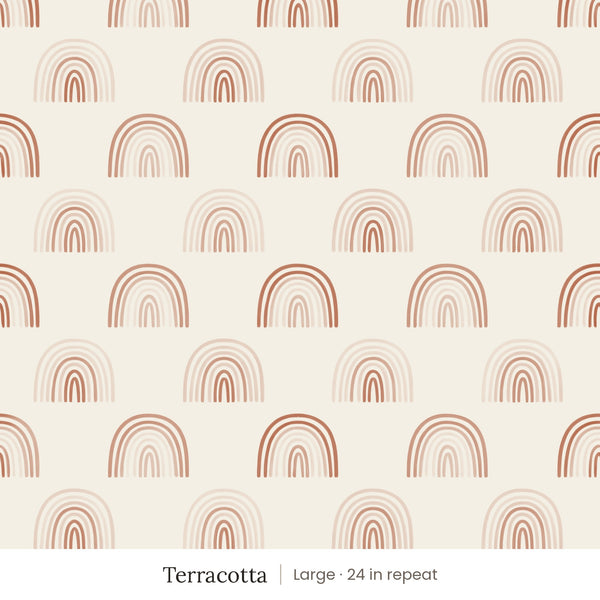 Over the Rainbow wallpaper in Terracotta, large 24 in repeat, soft terracotta and blush rainbows on cream