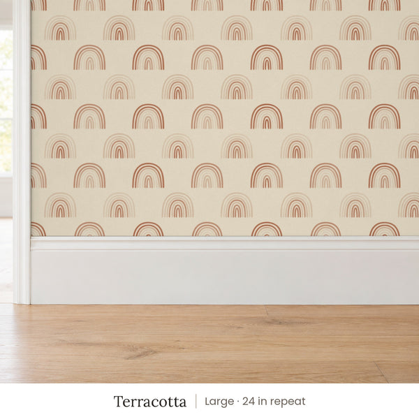 Over the Rainbow Terracotta peel and stick wallpaper, large 24 in repeat, above a white baseboard and oak floor
