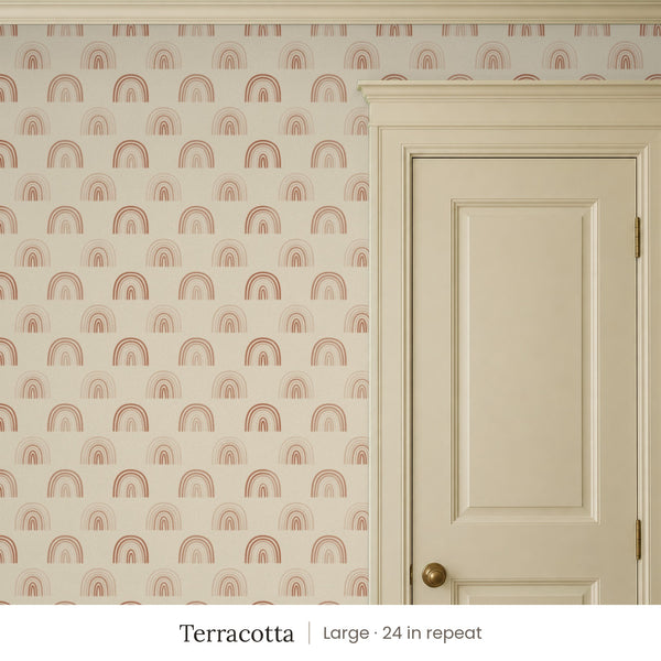 Over the Rainbow Terracotta peel and stick wallpaper, large 24 in repeat, beside a cream panel door