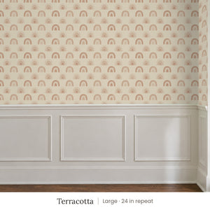 Over the Rainbow Terracotta peel and stick wallpaper, large 24 in repeat, above white panel wainscoting